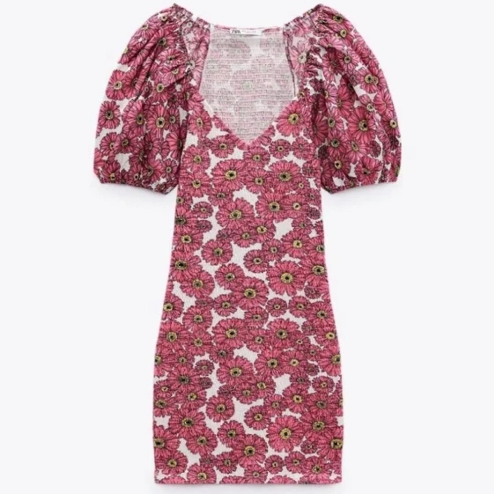 Zara Smocked Bodycon Mini Dress Puff-Sleeve Women’s Small Floral Pink